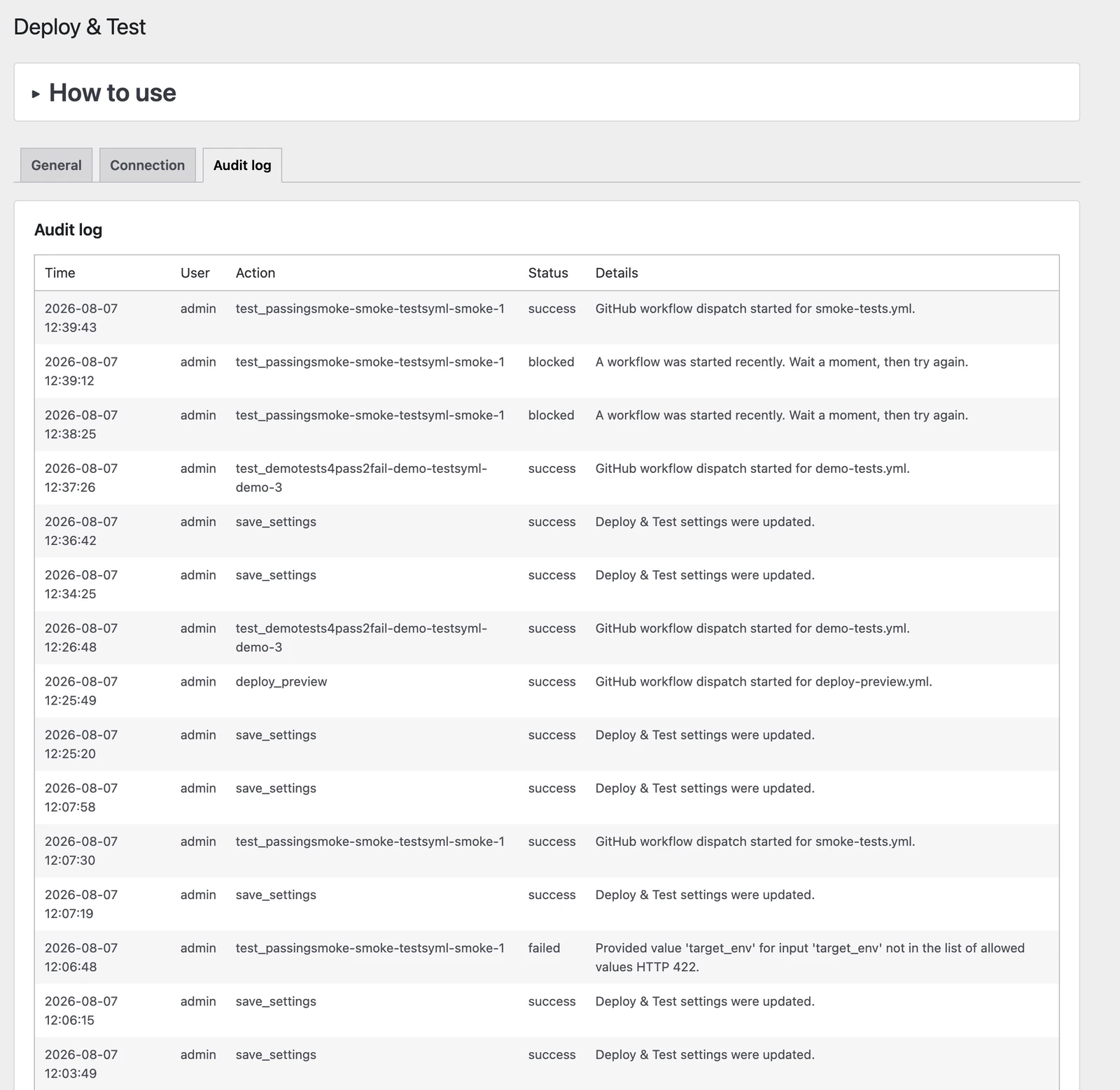 Deploy & Test audit log showing successful, blocked, and failed operations with actor and details