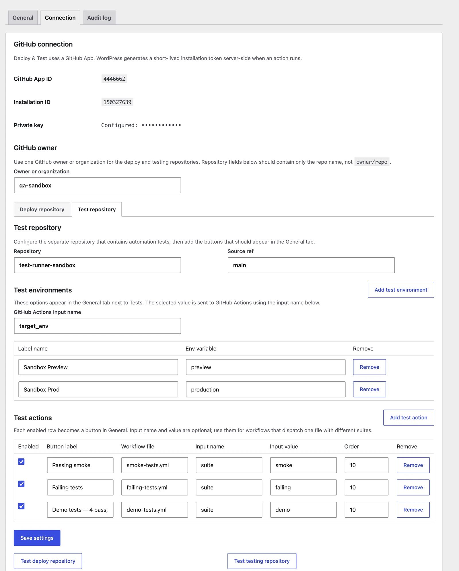 Deploy & Test Connection screen showing configured GitHub App status, sandbox repositories, test environments, and permitted test actions