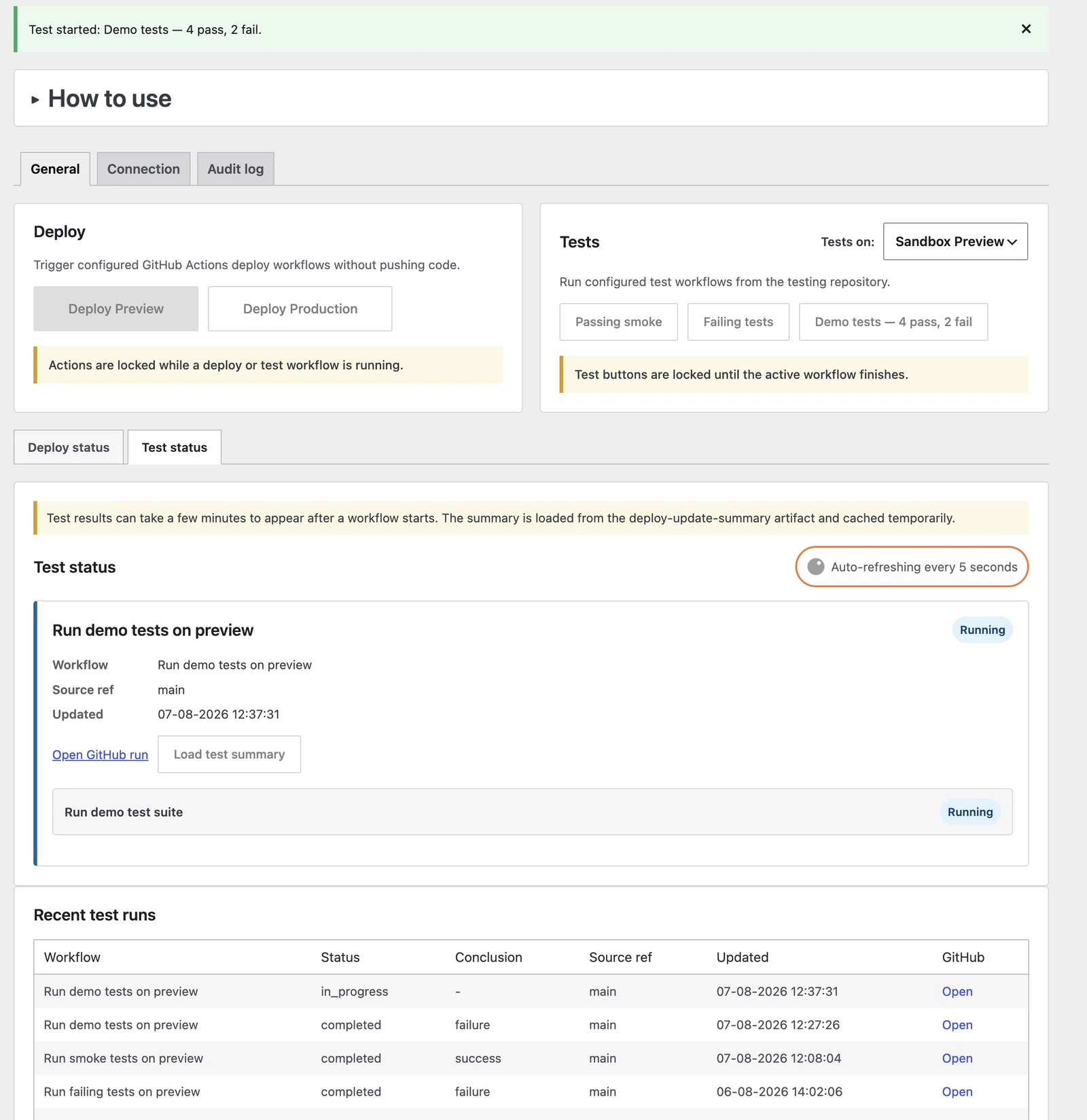 Deploy & Test interface with deploy and test actions locked while an intentionally mixed test workflow is running
