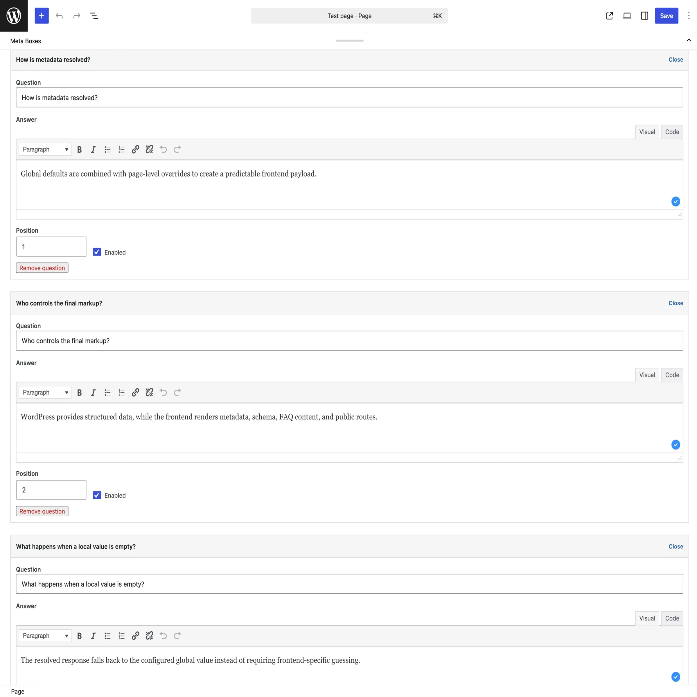 Seo & Social FAQ meta box showing three independently initialized answer editors with different saved content