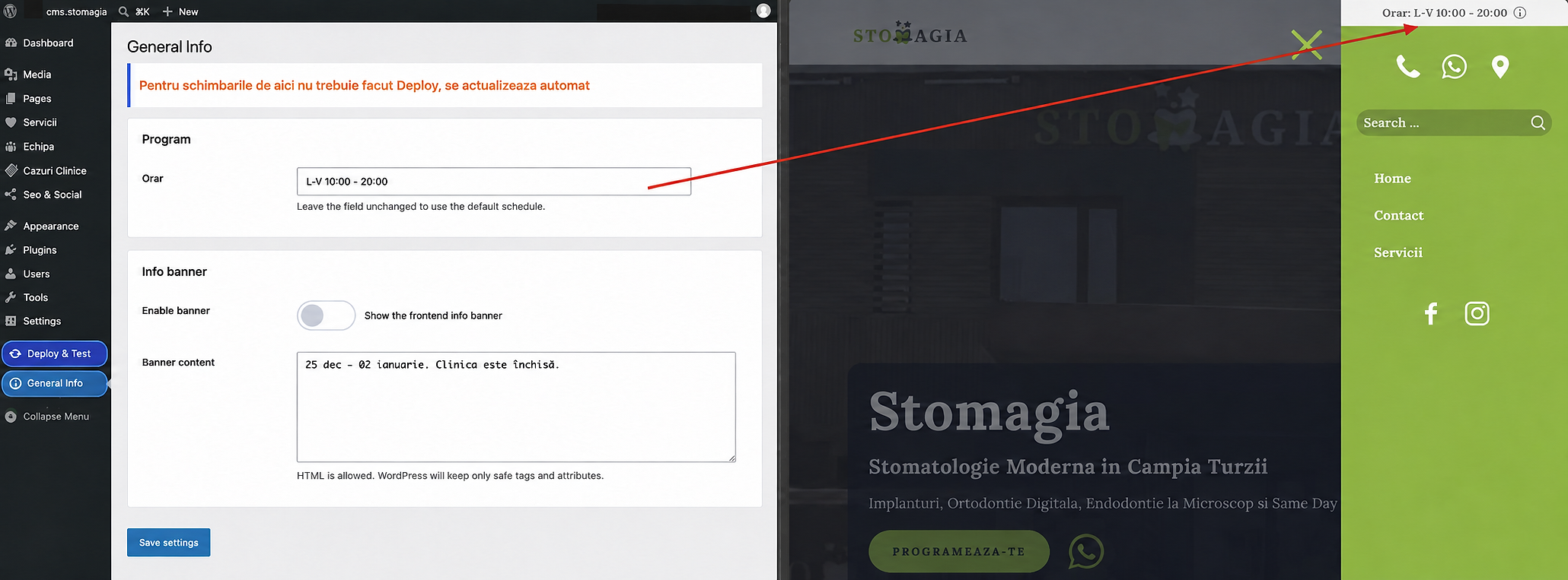 WordPress opening-hours setting connected to the schedule shown in the Stomagia mobile navigation