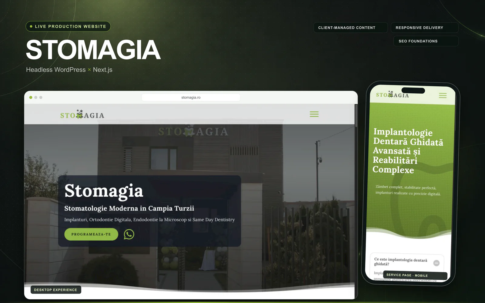 Stomagia production website shown across desktop and mobile layouts